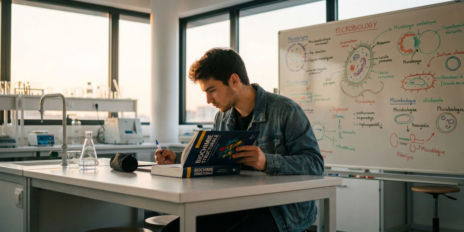 5 Conseils pour Réussir son Examen de BTS BioALC Étudiant en BTS BioALC révisant ses cours de biochimie et microbiologie dans un laboratoire moderne