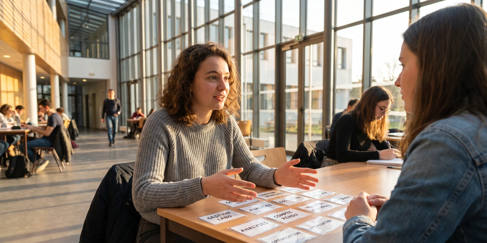 BTS BioALC : matières et programme des 2 années Deux étudiantes discutent autour de cartes de mots-clés posées sur une table, dans un hall lumineux