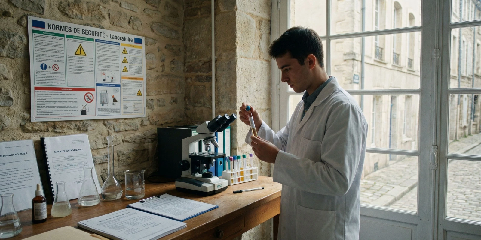 BTS BioALC : Métiers, Débouchés et Salaires 2026 Technicien en blouse blanche réalisant des analyses biologiques en laboratoire de contrôle qualité