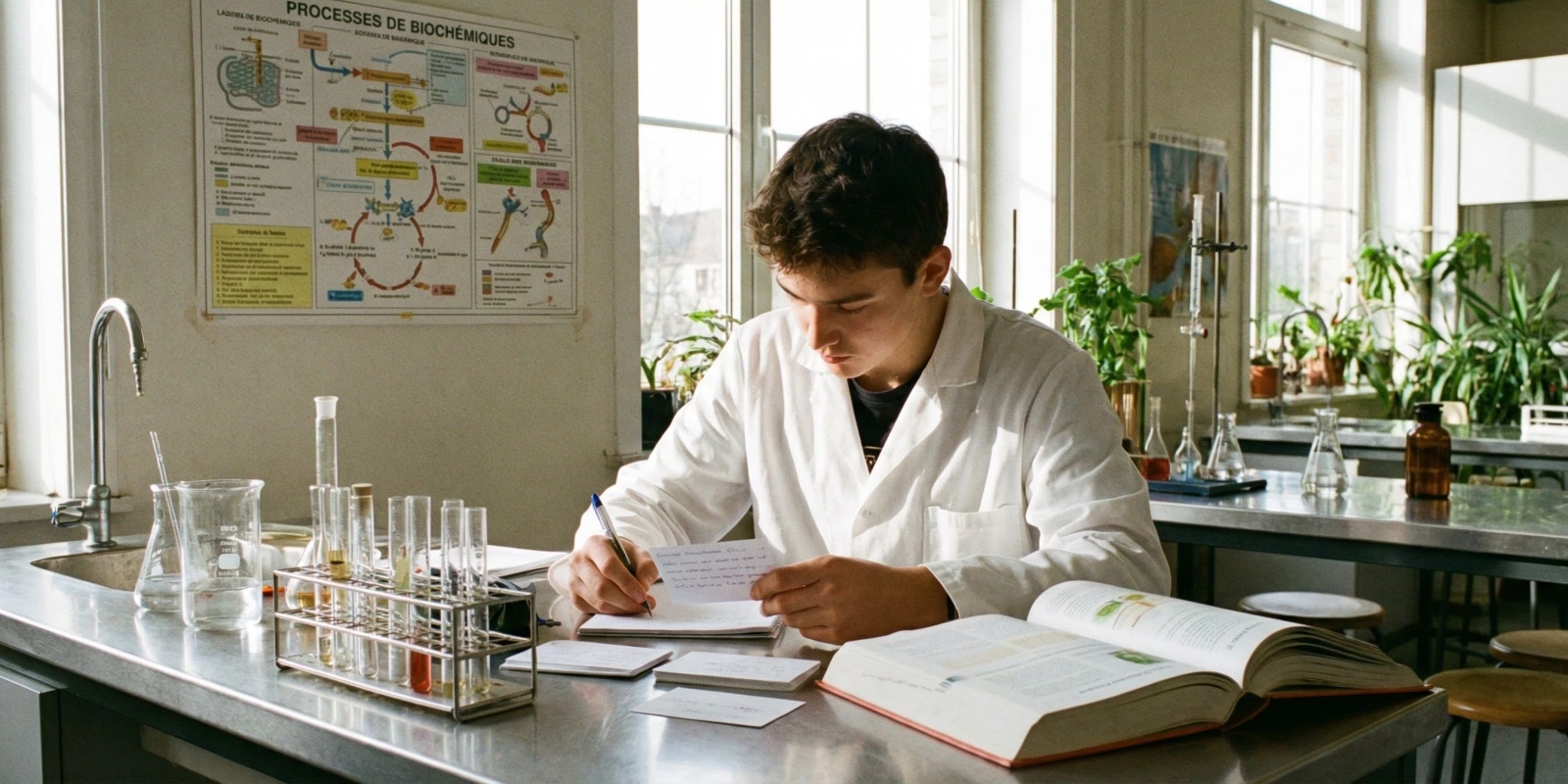 Fiches de révision BTS BioALC : le guide complet 2026 Étudiant en BTS BioALC préparant ses fiches de révision dans un laboratoire scientifique